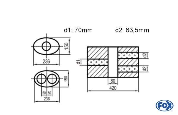 Uni-Schalldämpfer oval zweiflutig mit Kammer - Abw. 618 236x150mm, d1Ø 70mm d2Ø 63,5mm, Länge: 420mm - Variante 2