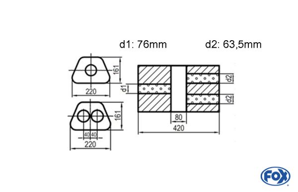 Uni-Schalldämpfer Trapezoid zweiflutig mit Kammer - Abw. 644 220x161mm, d1Ø 76mm  d2Ø 63,5mm, Länge: 420mm - Variante 2