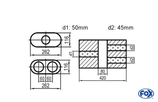 Uni-Schalldämpfer oval zweiflutig mit Kammer - Abw. 650 262x116mm, d1Ø 50mm  d2Ø 45mm, Länge: 420mm - Variante 2