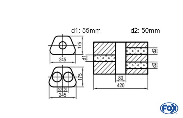 Uni-Schalldämpfer Trapezoid zweiflutig mit Kammer - Abw. 711 245x175mm, d1Ø 55mm  d2Ø 50mm, Länge: 420mm - Variante 2