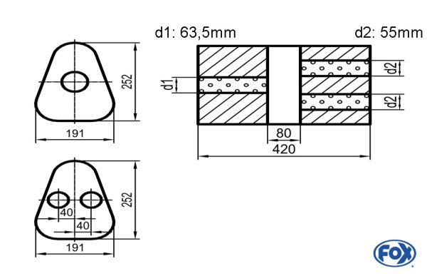 Uni-Schalldämpfer Dreieckig mit Kammer - Abwicklung 725 Variante 2 191x252mm, d1Ø 63,5mm außen / d2Ø 2x55mm außen - Länge: 420mm