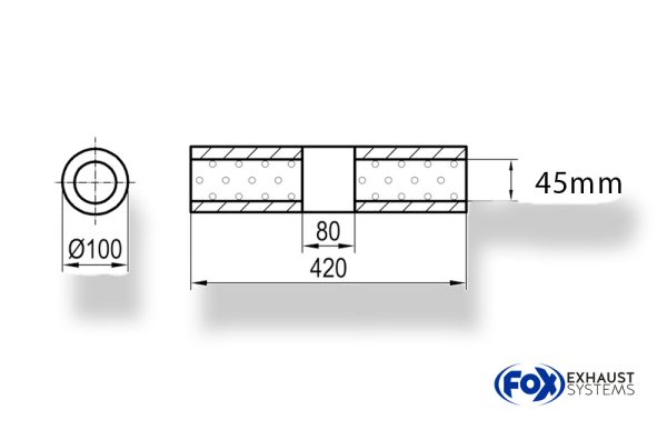 Uni-Schalldämpfer rund ohne Stutzen mit Kammer - Abw. 314 Ø 100mm, d1Ø 45mm (außen), Länge: 420mm