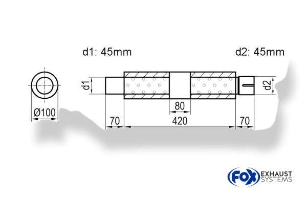 Uni-Schalldämpfer rund mit Kammer + Stutzen - Abw. 314 Ø 100mm, d1Ø 45mm (außen), d2Ø 45mm (innen), Länge: 420mm