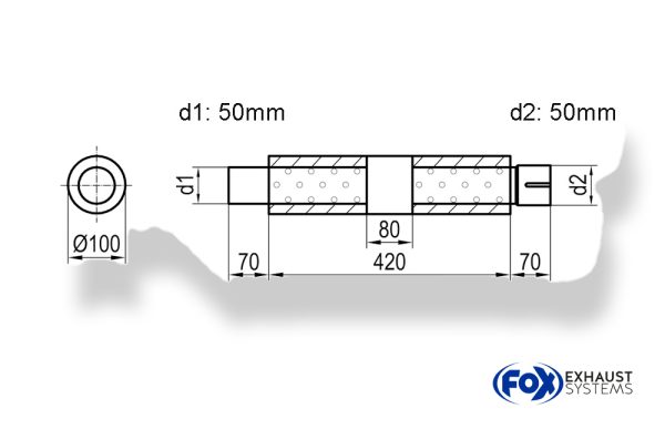 Uni-Schalldämpfer rund mit Kammer + Stutzen - Abw. 314 Ø 100mm, d1Ø 50mm (außen), d2Ø 50mm (innen), Länge: 420mm