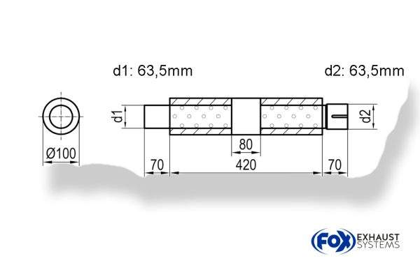 Uni-Schalldämpfer rund mit Kammer + Stutzen - Abw. 314 Ø 100mm, d1Ø 63,5mm (außen), d2Ø 63,5mm (innen), Länge: 420mm