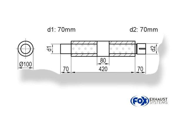 Uni-Schalldämpfer rund mit Kammer + Stutzen - Abw. 314 Ø 100mm, d1Ø 70mm (außen), d2Ø 70mm (innen), Länge: 420mm
