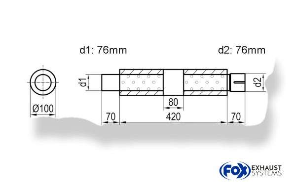 Uni-Schalldämpfer rund mit Kammer + Stutzen - Abw. 314 Ø 100mm, d1Ø 76mm (außen), d2Ø 76mm (innen), Länge: 420mm