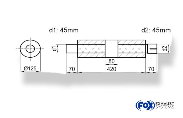 Uni-Schalldämpfer rund mit Kammer + Stutzen - Abw. 390 Ø 125mm, d1Ø 45mm (außen), d2Ø 45mm (innen), Länge: 420mm