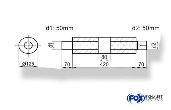 Uni-Schalldämpfer rund mit Kammer + Stutzen- Abw. 390 Ø 125mm, d1Ø 50mm (außen), d2Ø 50mm (innen), Länge: 420mm