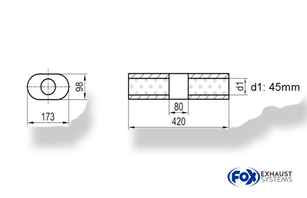 Uni-Schalldämpfer Oval ohne Stutzen mit Kammer - Abw. 450 173x98mm, d1Ø 45mm (außen), Länge: 420mm