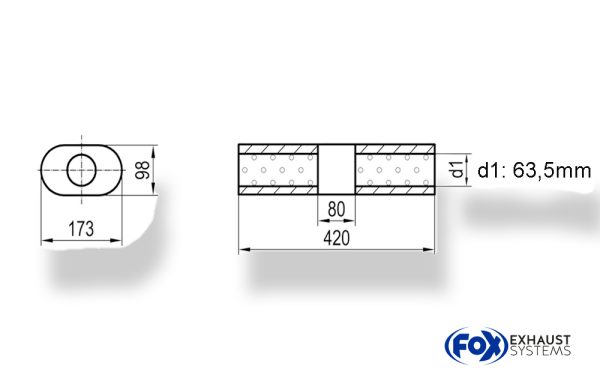 Uni-Schalldämpfer Oval ohne Stutzen mit Kammer - Abw. 450 173x98mm, d1Ø 63,5mm (außen), Länge: 420mm