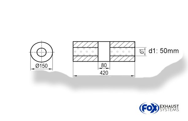 Uni-Schalldämpfer rund ohne Stutzen mit Kammer - Abw. 466 Ø 150mm, d1Ø 50mm (außen), Länge: 420mm