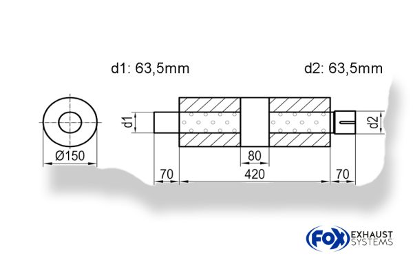 Uni-Schalldämpfer rund mit Kammer + Stutzen - Abw. 466 Ø 150mm, d1Ø 63,5mm (außen), d2Ø 63,5mm (innen), Länge: 420mm