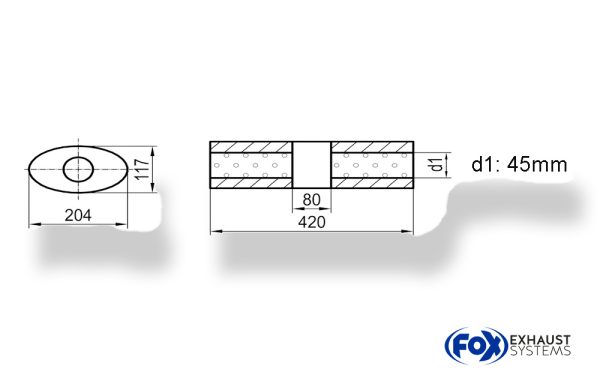 Uni-Schalldämpfer Oval ohne Stutzen mit Kammer - Abw. 525 204x117mm, d1Ø 45mm (außen), Länge: 420mm