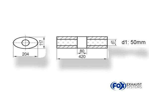 Uni-Schalldämpfer Oval ohne Stutzen mit Kammer - Abw. 525 204x117mm, d1Ø 50mm (außen), Länge: 420mm