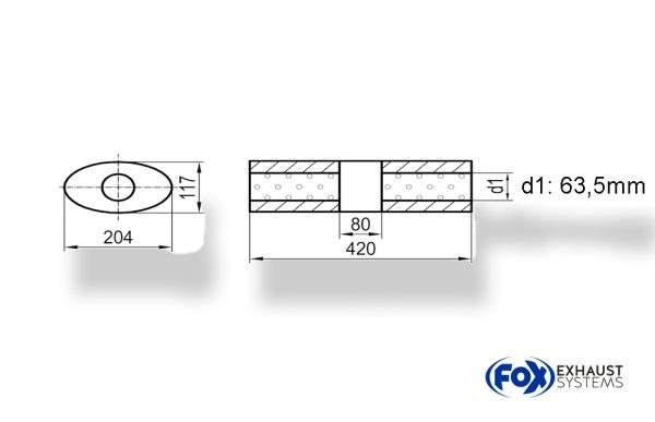 Uni-Schalldämpfer Oval ohne Stutzen mit Kammer - Abw. 525 204x117mm, d1Ø 63,5mm (außen), Länge: 420mm