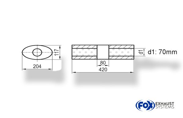 Uni-Schalldämpfer Oval ohne Stutzen mit Kammer - Abw. 525 204x117mm, d1Ø 70mm (außen), Länge: 420mm