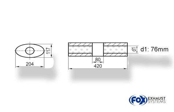 Uni-Schalldämpfer Oval ohne Stutzen mit Kammer - Abw. 525 204x117mm, d1Ø 76mm (außen), Länge: 420mm