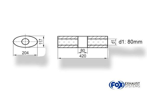 Uni-Schalldämpfer Oval ohne Stutzen mit Kammer - Abw. 525 204x117mm, d1Ø 80mm (außen), Länge: 420mm