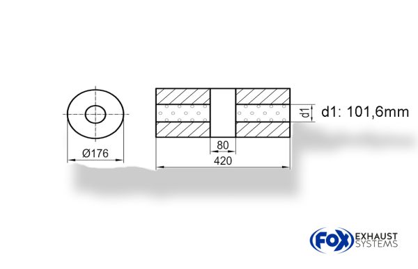 Uni-Schalldämpfer rund ohne Stutzen mit Kammer - Abw. 556 Ø 176mm, d1Ø101,6mm (außen), Länge: 420mm