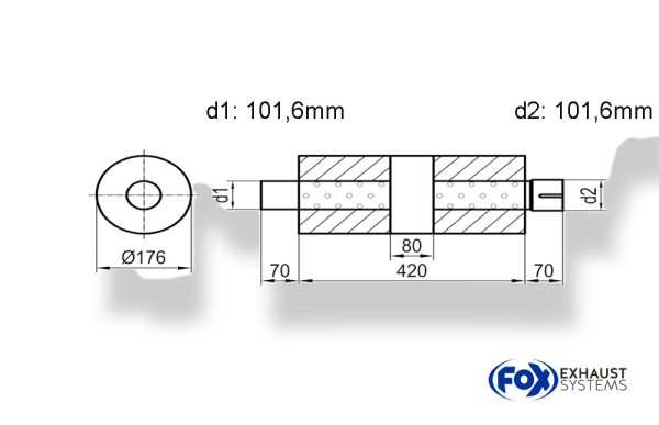 Uni-Schalldämpfer rund mit Kammer + Stutzen - Abw. 556 Ø 176mm, d1Ø 101,6mm (außen), d2Ø 101,6mm (innen), Länge: 420mm