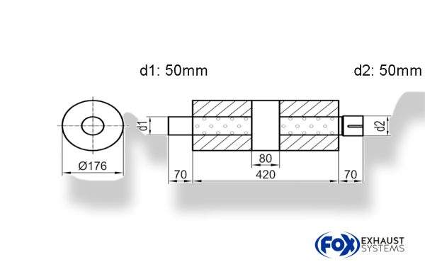 Uni-Schalldämpfer rund mit Kammer + Stutzen - Abw. 556 Ø 176mm, d1Ø 50mm (außen), d2Ø 50mm (innen), Länge: 420mm