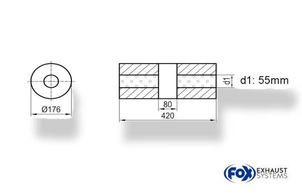Uni-Schalldämpfer rund ohne Stutzen mit Kammer - Abw. 556 Ø 176mm, d1Ø 55mm (außen), Länge: 420mm