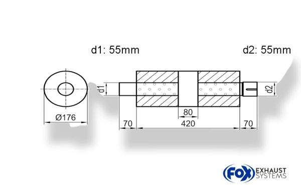 Uni-Schalldämpfer rund mit Kammer + Stutzen - Abw. 556 Ø 176mm, d1Ø 55mm (außen), d2Ø 55mm (innen), Länge: 420mm