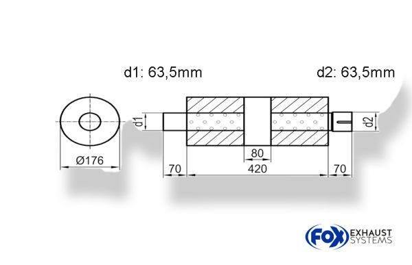 Uni-Schalldämpfer rund mit Kammer + Stutzen - Abw. 556 Ø 176mm, d1Ø 63mm (außen), d2Ø 63mm (innen), Länge: 420mm