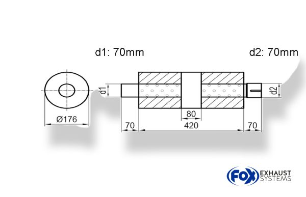 Uni-Schalldämpfer rund mit Kammer + Stutzen - Abw. 556 Ø 176mm, d1Ø 70mm (außen), d2Ø 70mm (innen), Länge: 420mm