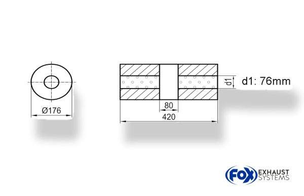 Uni-Schalldämpfer rund ohne Stutzen mit Kammer - Abw. 556 Ø 176mm, d1Ø76mm (außen), Länge: 420mm