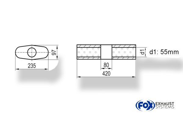 Uni-Schalldämpfer Oval ohne Stutzen mit Kammer - Abw. 558 235x97mm, d1Ø 55mm (außen), Länge: 420mm