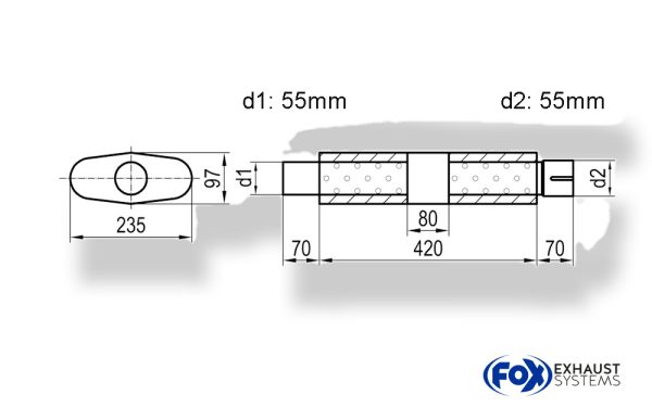 Uni-Schalldämpfer oval mit Kammer + Stutzen - Abw. 558 235x97mm, d1Ø 55mm (außen), d2Ø 55mm (innen), Länge: 420mm