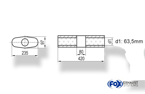 Uni-Schalldämpfer Oval ohne Stutzen mit Kammer - Abw. 558 235x97mm, d1Ø 63,5mm (außen), Länge: 420mm