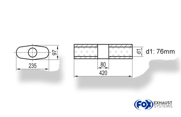 Uni-Schalldämpfer Oval ohne Stutzen mit Kammer - Abw. 558 235x97mm, d1Ø 76mm (außen), Länge: 420mm