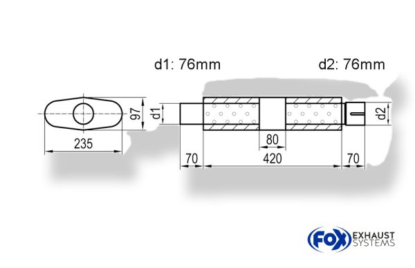 Uni-Schalldämpfer oval mit Kammer + Stutzen - Abw. 558 235x97mm, d1Ø 76mm (außen), d2Ø 76mm (innen), Länge: 420mm