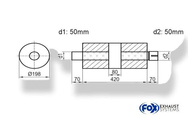 Uni-Schalldämpfer rund mit Kammer + Stutzen - Abw. 626 Ø 198mm, d1Ø 50mm (außen), d2Ø 50mm (innen), Länge: 420mm