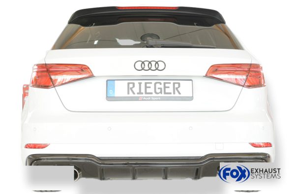 Audi A3 8V 3-tür. (Schrägheck)/ 5-tür (Sportback) Facelift Rieger Heckeinsatz ABS glänzend - für Doppelendrohr li. u. re., (4x90mm ø), ABS, schwarz glänzend, für Fzg. mit S-Line Exterieur, inkl. Montagezubehör, Gutachten