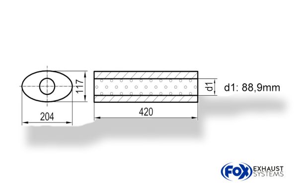 Uni-Schalldämpfer oval ohne Stutzen - Abwicklung 525 204x117mm, d1Ø 88,9mm, Länge: 420mm