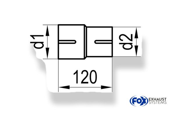 Doppelmuffe - 76mm auf 65mm - Länge: 120mm rechts/ links geschlitzt - d1 = 76mm innen - d2 = 65mm innen – Bild 2