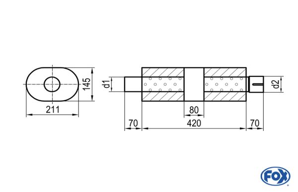 Uni-Schalldämpfer Oval mit Kammer + Stutzen - Abw. 585 211x145, d1Ø 88,9mm (außen), d2Ø 88,9mm (innen), Länge: 420mm