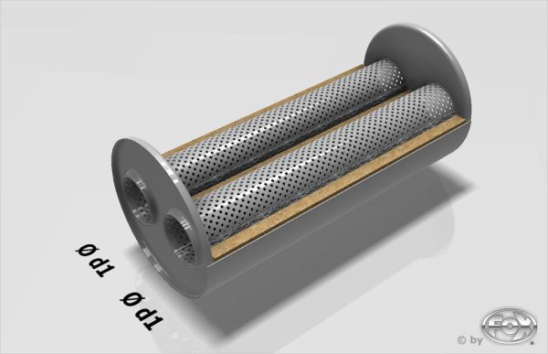 Uni-Schalldämpfer rund zweiflutig  - Abwicklung 784 Ø 250mm, d1: 55mm, Länge: 420mm -Ø250mm – Bild 2