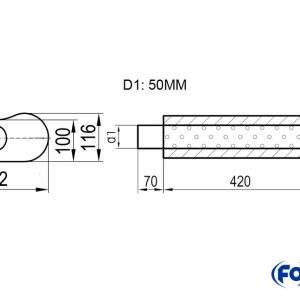 Uni-Schalldämpfer oval mit Stutzen - Abwicklung 655 262x116mm, d1Ø 50mm außen - d2Ø 50mm innen , Länge: 420mm