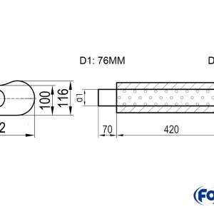 Uni-Schalldämpfer oval ohne Stutzen - Abwicklung 655 262x116mm, d1Ø 76mm außen - d2Ø 76mm innen , Länge: 420mm