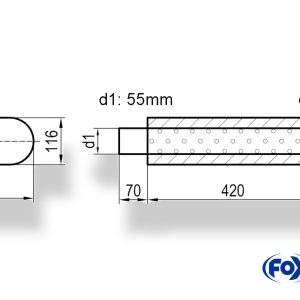Uni-Schalldämpfer oval mit Stutzen - Abwicklung 650 262x116mm, d1Ø 55mm  d2Ø 55,5mm, Länge: 420mm