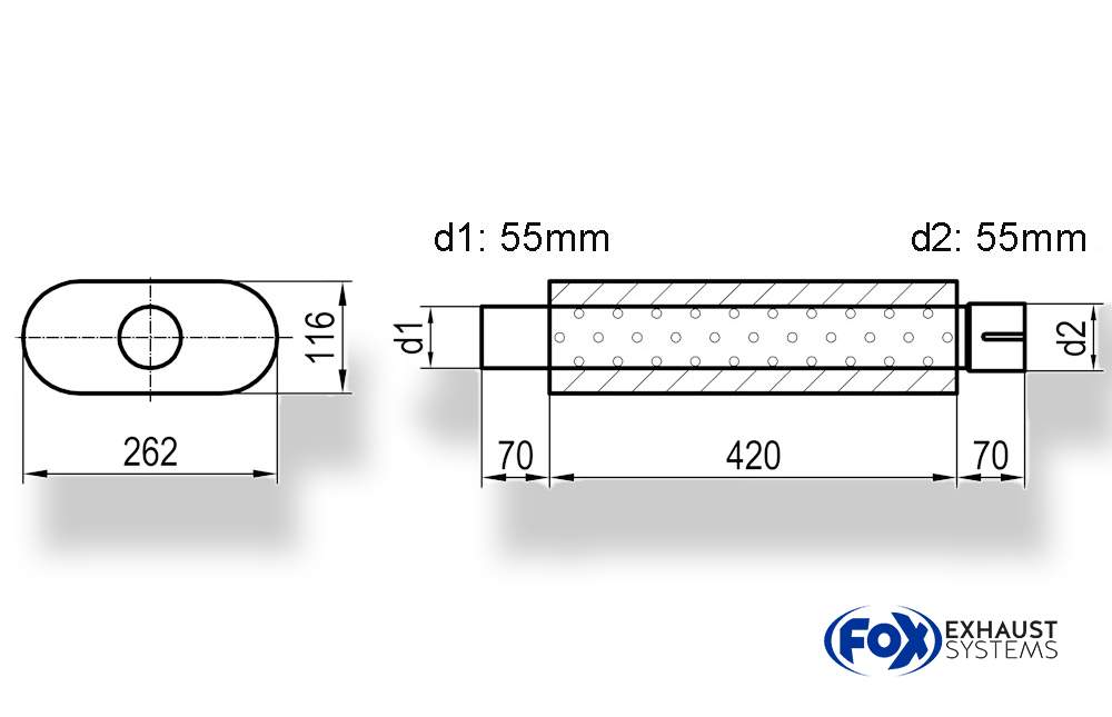 Uni-Schalldämpfer oval mit Stutzen - Abwicklung 650 262x116mm, d1Ø 55mm d2Ø 55,5mm, Länge: 420mm