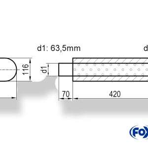 Uni-Schalldämpfer oval mit Stutzen - Abwicklung 650 262x116mm, d1Ø 63,5mm  d2Ø 64mm, Länge: 420mm