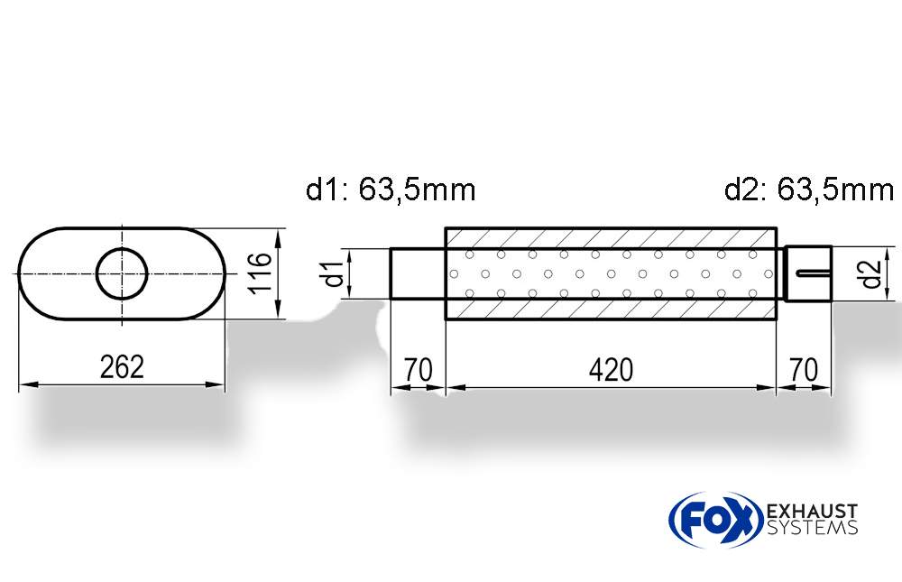 Uni-Schalldämpfer oval mit Stutzen - Abwicklung 650 262x116mm, d1Ø 63,5mm d2Ø 64mm, Länge: 420mm