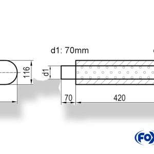 Uni-Schalldämpfer oval mit Stutzen - Abwicklung 650 262x116mm, d1Ø 70mm  d2Ø 70,5mm, Länge: 420mm