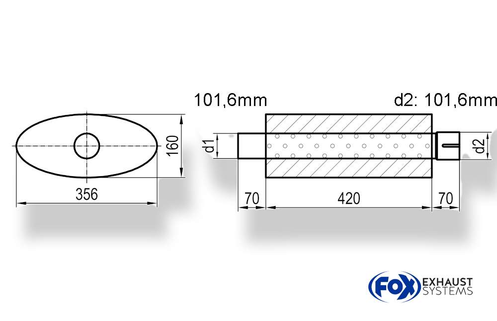 Uni-Schalldämpfer oval mit Stutzen - Abwicklung 818 356x160mm, d1Ø 101,6mm d2Ø 101,6mm Länge: 420mm